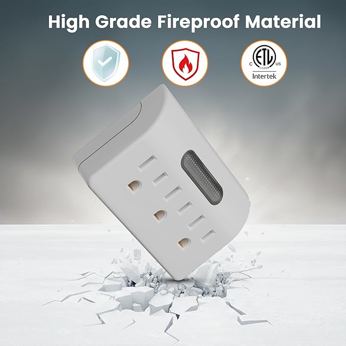 3-Outlet Extender, 3-Prong Grounded Wall Tap Adapter with LED Guide Light, 1875W Multiple Plug Electrical Outlets Splitter for Home, Office, Hotel, Travel, Cruise Essentials, ETL Listed, White
