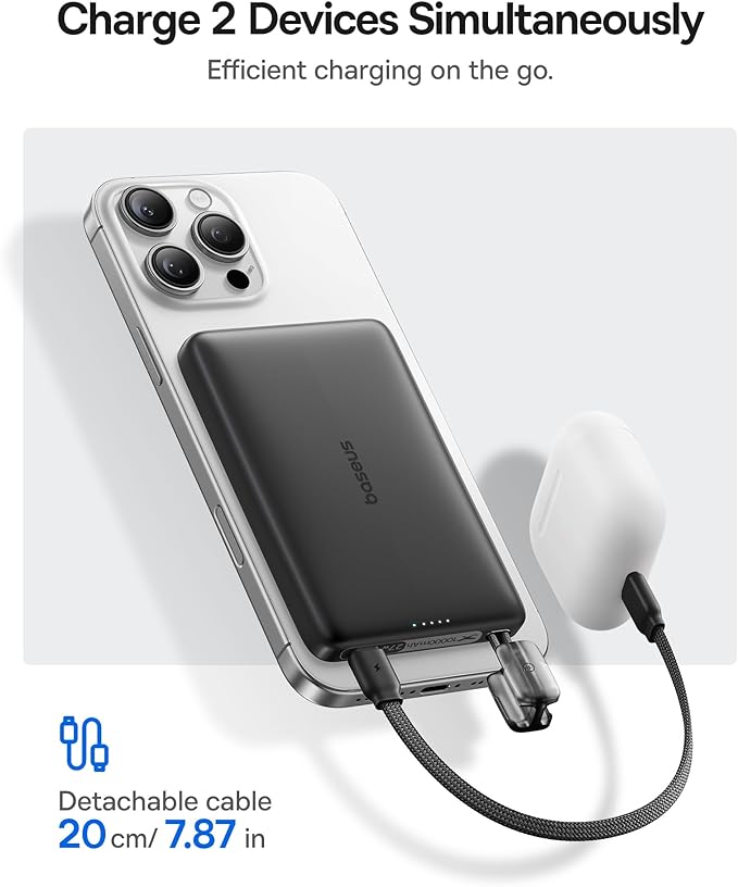 Baseus Picogo Qi2 15W Magsafe Portable Charger, 0.5" Ultra Slim 10000mAh Wireless Power Bank with 27W Built-in USB-C Cable, Magnetic Battery Pack for iPhone 17 Pro Max/17 Pro/Air/16/15/14/13/12