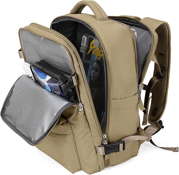 WONHOX Travel Backpack Women, Carry On Backpack for Men, Hiking Laptop Backpack Waterproof Outdoor Sports Rucksack Casual Daypack, Khaki