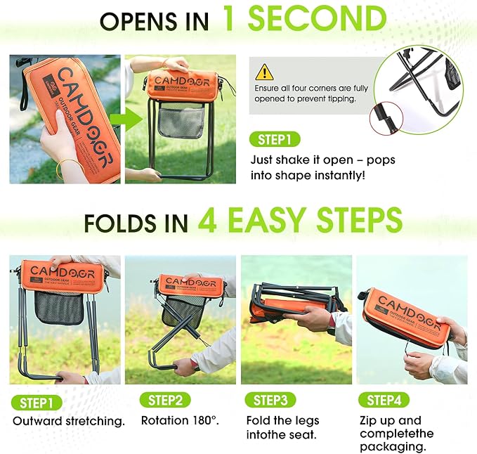CAMDOOR Portable Collapsible Stool, 16″Folding Stool with 3 Side Pockets and Shoulder Strap, Extra Large Camping Chair Supports 400 lbs, Ultralight Portable Seat for Outdoor, Hiking, Fishing (Orange)