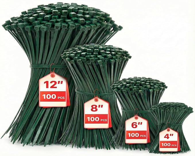 Zip Ties Assorted Sizes(4”+6”+8”+12”), 400 Pack, Green Cable Ties,Multi-Purpose Self-Locking Nylon Cable Cord Management,Plastic Wire Ties for indoor and outdoor use.