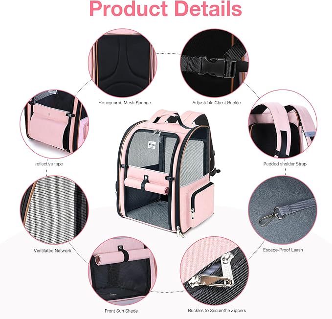 Large Cat Backpack Carrier Expandable Foldable Pet Carrier Backpack for Small Dogs Puppy Medium Cats Fit Up to 18 Lbs for Travel, Hiking,Pink XL Size