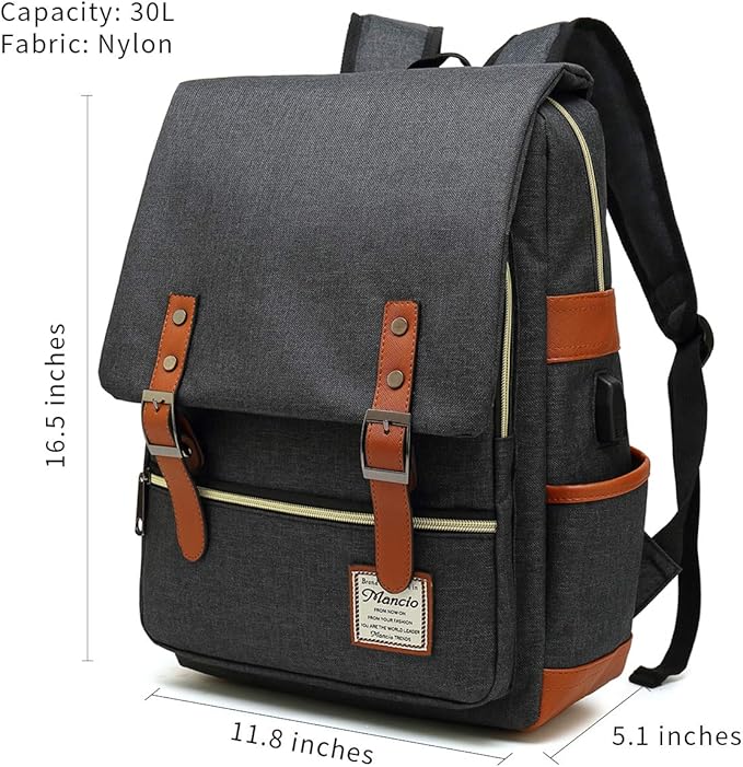 Mancio Vintage Laptop Backpack with USB Charging Port, Slim Tear Resistant Business Backpack for Travelling, College, Daypacks for Men,Women, Fits up to 15.6Inch Notebook in Black