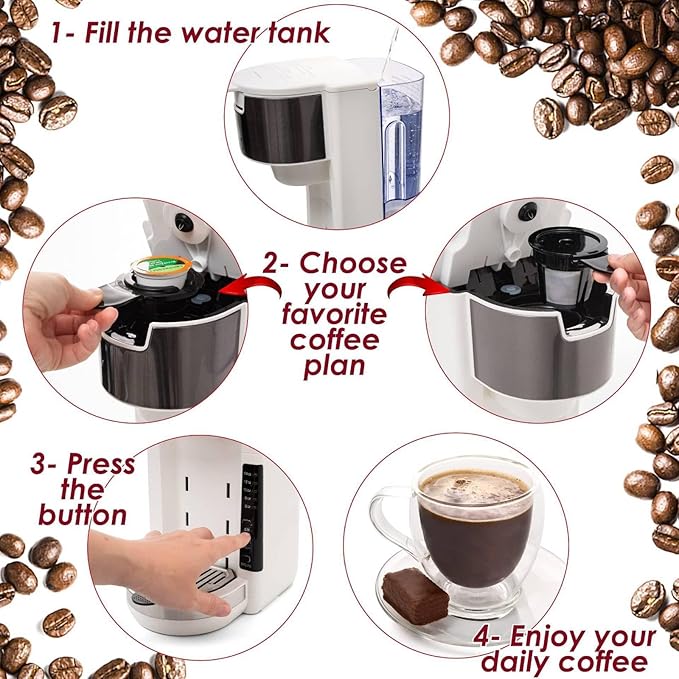 Single Serve Coffee Maker, 2 in 1 Brewer for K Pod & Ground Coffee, 180s Rapid Brew 6 to 14oz Capacities with Auto Shut Off, Small Compact Design for Home Office Travel Camping-White