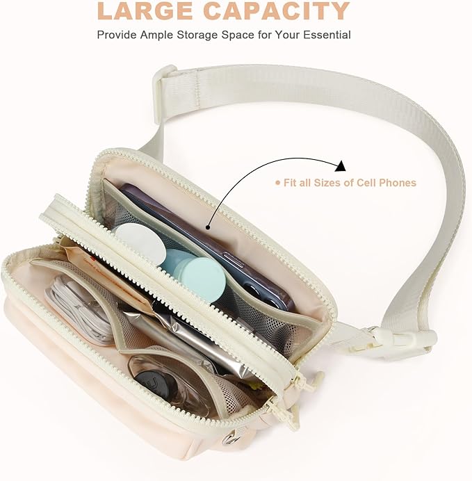 Fanny Packs for Women Men,Belt Bag,Water-resistant Crossbody Bag with 4 Zipper Pockets,Fashion Waist Packs with Adjustable Strap for Workout/Running/Yoga/Shopping/Hiking,Beige