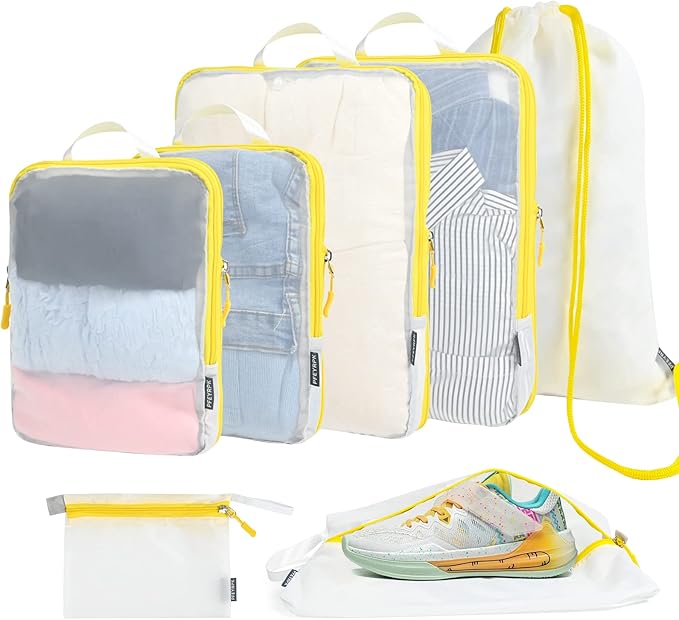 PFEYRPK Lightweight Compression Packing Cubes for Suitcases, Compressible Expandable Travel Packing Organizer with Clear Toiletries and Backpack Bag, Travel Essentials for Carry on Luggage 7 Set