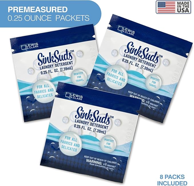SinkSuds Laundry Detergent, Travel Size Liquid Soap, TSA Compliant, Safe For All Fabrics, 8 Packets (Packaging May Vary)