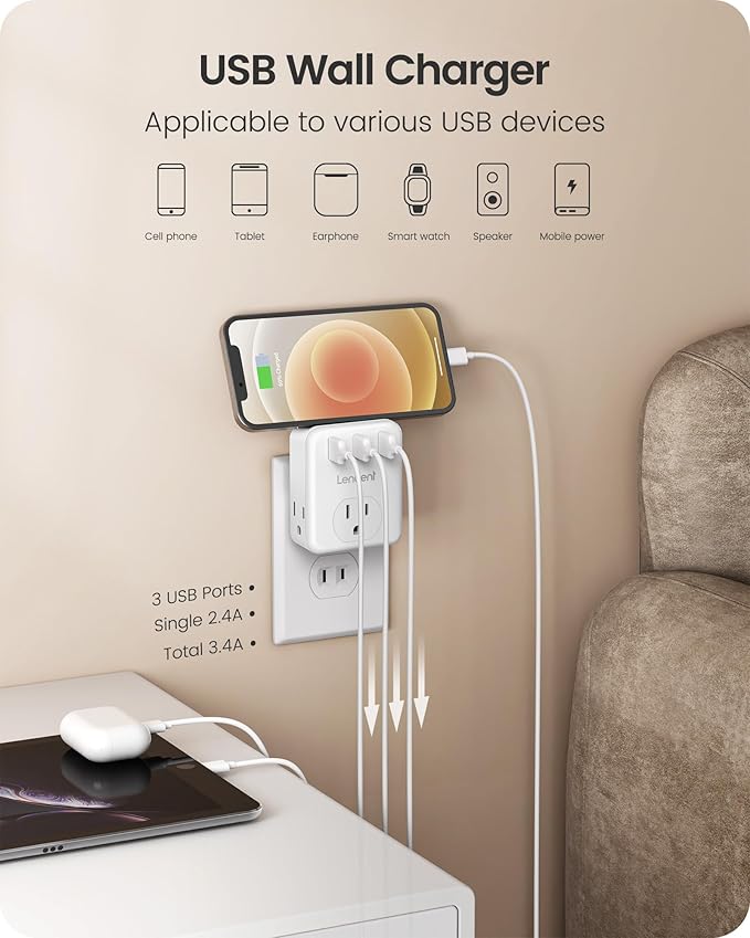 LENCENT 3 Prong to 2 Prong Adapter, 2 Pack, 3 Outlets Extender with 3 USB Ports, Wall Charger, Multi Plug Extender Splitter, Travel Adaptor for US to Japan Philippines-Type A