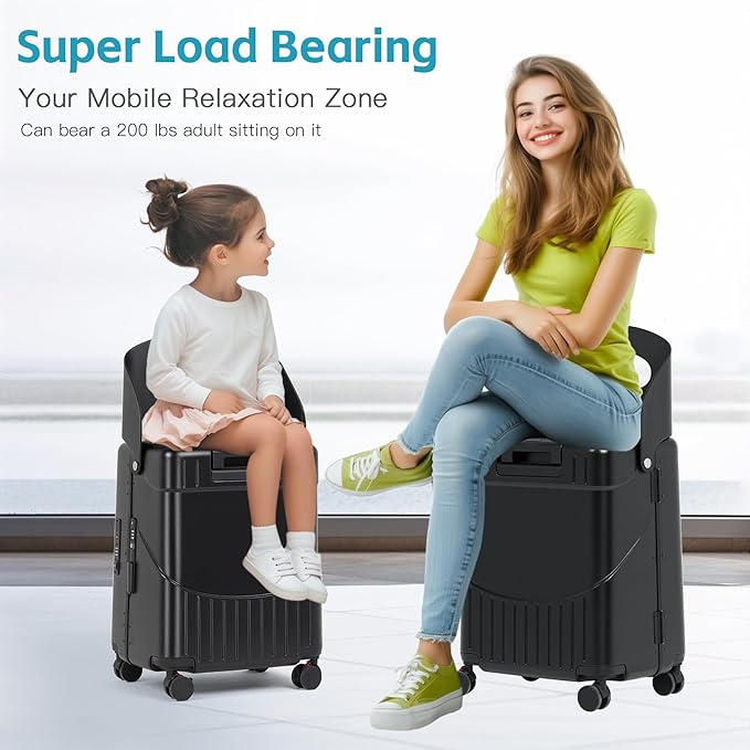 advwin 20" Carry-On Luggage with Seat for Kids & Adults, Lightweight Hardside Ride-On Suitcase with Front Opening, TSA Lock, 360° Spinner Wheels (Black, 20-inch)