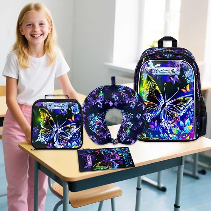 HPJGD 5PCS Girls Suitcase Set, Kids Water-Resistant Rolling Luggage, Cute Butterfly Travel Carry-On for Elementary/Preschool Toddler