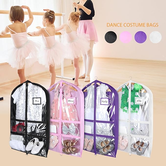Syeeiex Clear Dance Costume Garment Bag with 3" Gussetes(2 Pack), 40'' Garment Bags for Dance Costumes, Kids Dance Garment Bag with 4 Medium Zippered Pocket - Suitable for Dance Competitions(Purple)