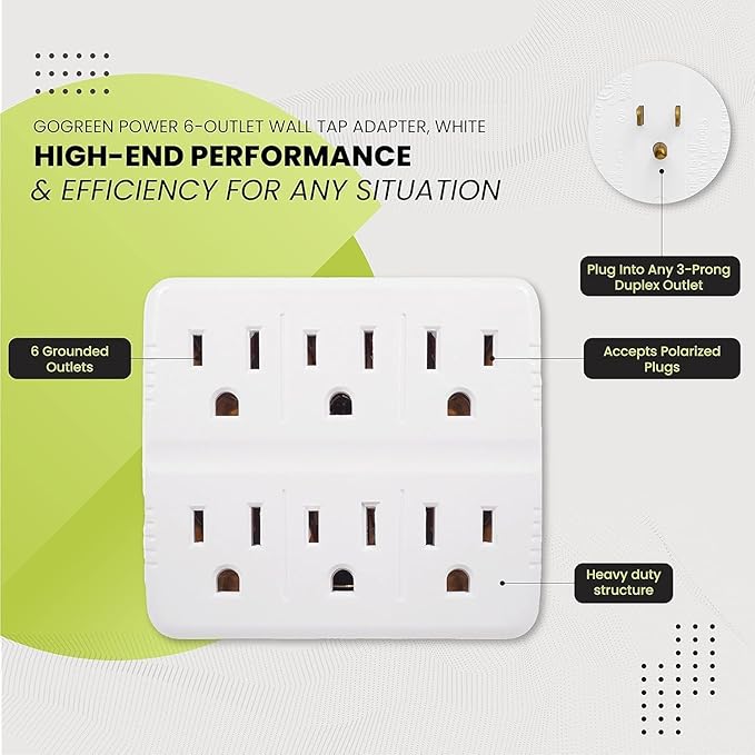 GoGreen Power Inc. (G-16000TW-2) 6-Outlet Tri-Tap Adapter, 6 Outlet Wall Tap Adapter, White, 2 Pack