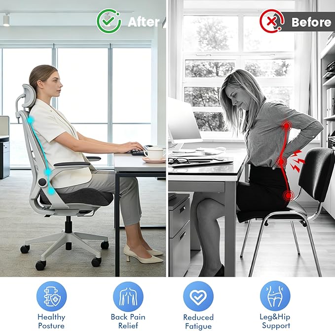 18x16 Inch Memory Foam Seat Cushion for Office Chair, Car & Travel, Ergonomic Chair Cushions for Long Sitting, Thick Supportive Seat Pad with Non-Slip Bottom, Washable Cover, Black