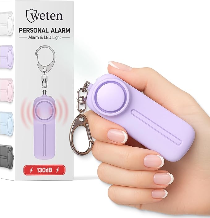 Weten Personal Safety Alarm Keychain - 130dB Siren, LED Light, Panic Pin – Compact Self-Defense Device and Emergency Whistle Alternative for Women, College, Travel, and Night Walk Protection (Purple)