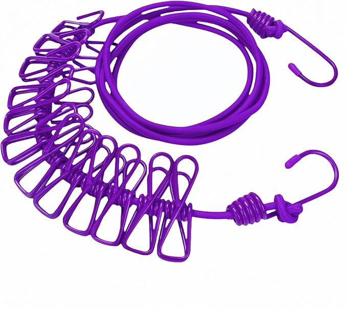 Portable Clothesline with 12 Clips - Extends 12ft, Heavy Duty Stainless Steel Hooks, Windproof for Travel/Camping/Indoor Use, Purple