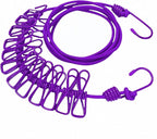 Portable Clothesline with 12 Clips - Extends 12ft, Heavy Duty Stainless Steel Hooks, Windproof for Travel/Camping/Indoor Use, Purple