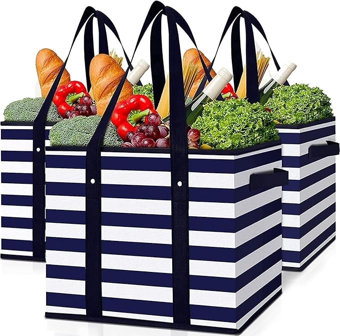 WISELIFE 3 Pack Reusable Grocery Bags Large Water Resistant Grocery Collapsible Heavy Duty Tote Bags for Shopping Picnic