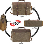 Mens Messenger Bag 15.6 Inch Waterproof Vintage Genuine Leather Waxed Canvas Briefcase Large Satchel Shoulder Bag Rugged Leather Computer Laptop Bag, Khaki