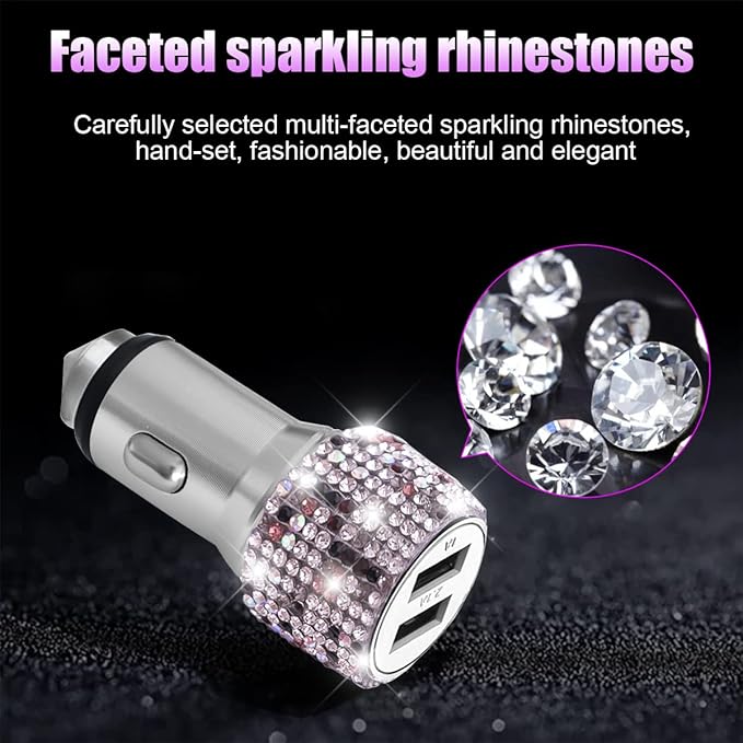 Bling Dual USB Car Charger with 3-in-1 Multi Fast Charging Cable, Dual Port Charger Adapter with Type C Micro USB Cord for iPhone, Android, Rhinestones Car Interior Accessories for Women(Purple)