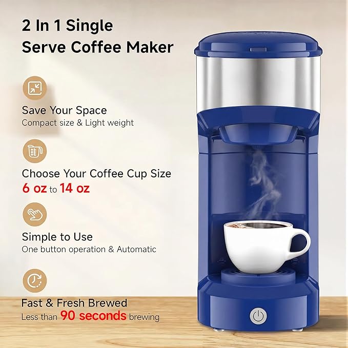 Single Serve Coffee Maker, 2 in 1 Brewer for K Pod & Ground Coffee, 90s Rapid Brew 6 to 14oz Capacities with Auto Shut Off, Small Compact Design for Home Office Travel Camping-Deep Blue