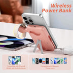 Magnetic Portable Charger Built-in Cables,10000mAh Fast Charging Wireless Charger Station External Battery Pack Slim Pocket Size Power Bank with Stand Compatible with iWatch, iPhone