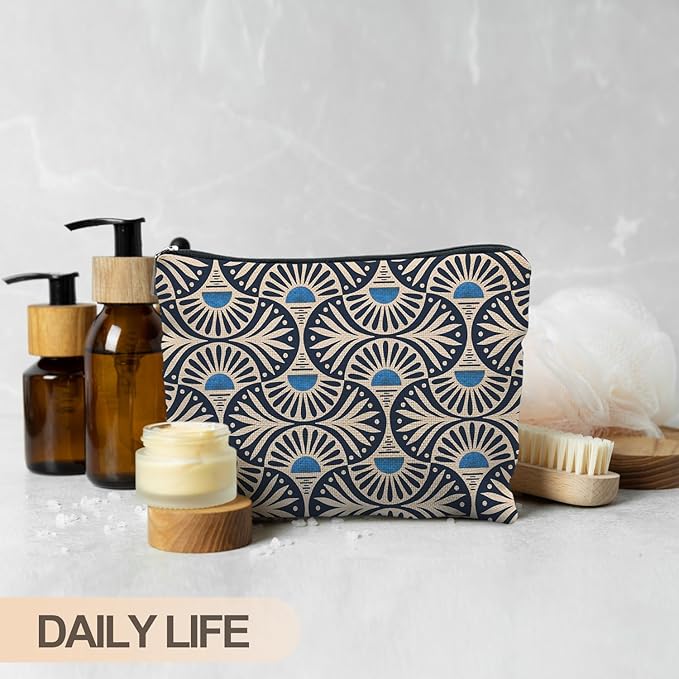 Boho Makeup Bag Gifts for Women, Sunset Leaf Aesthetic Makeup Pouch(Blue)