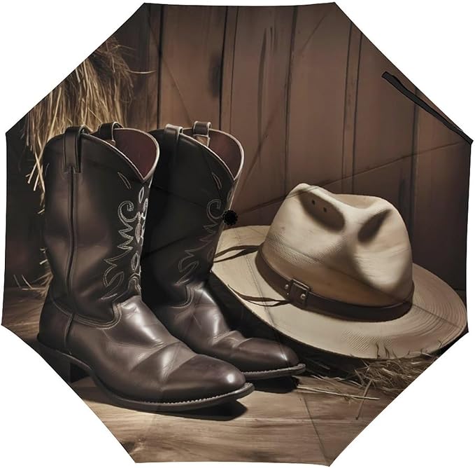 Cowboy Black Hat Western Boots Umbrellas for Rain Portable Travel Umbrellas Lightweight Automatic Windproof Folding Umbrella Compact Outdoor Beach Umbrella for Women, Men