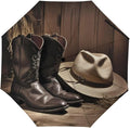 Cowboy Black Hat Western Boots Umbrellas for Rain Portable Travel Umbrellas Lightweight Automatic Windproof Folding Umbrella Compact Outdoor Beach Umbrella for Women, Men
