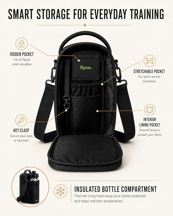 kyrra. Magnetic Gym Bag with Water Bottle Holder Crossbody Bag Strong Magnetic Attachment Fits 40oz Bottles Phone Pocket & Bonus Pouch Gym Accessories for Men and Women