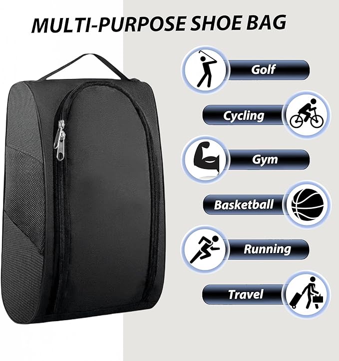 Portable Oxford Golf Shoes Bag, Sports Shoe Bag with Ventilation, Waterproof Travel Shoes Bag, Shoes Storage Organizer with Zipper Closuren for Outdoor, Sports, Golf, Travel, Gem (Black2)