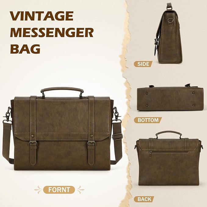 IGOLUMON Messenger Bag for Men 15.6 inch Vintage Leather Waterproof Laptop Briefcase for Men Large Computer Laptop Bag Leather Satchel Bag Retro Shoulder Bag for Office Business Travel College, Khaki
