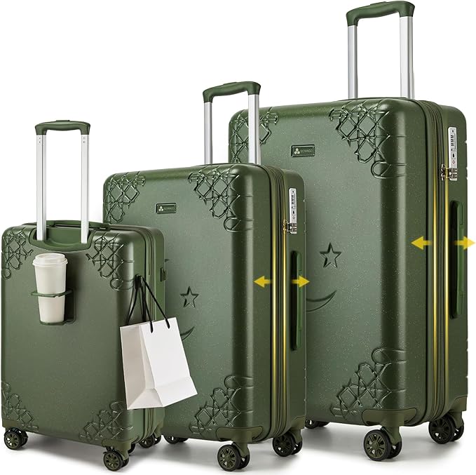 Somago 3 Piece Luggage Set with Cup Holder, Expandable 25% Capacity Suitcase with Shock-Absorbing Braking Spinner Wheels Moon Star Design Hardside Suitcase with TSA Lock (Army Green,Expandable Sets)
