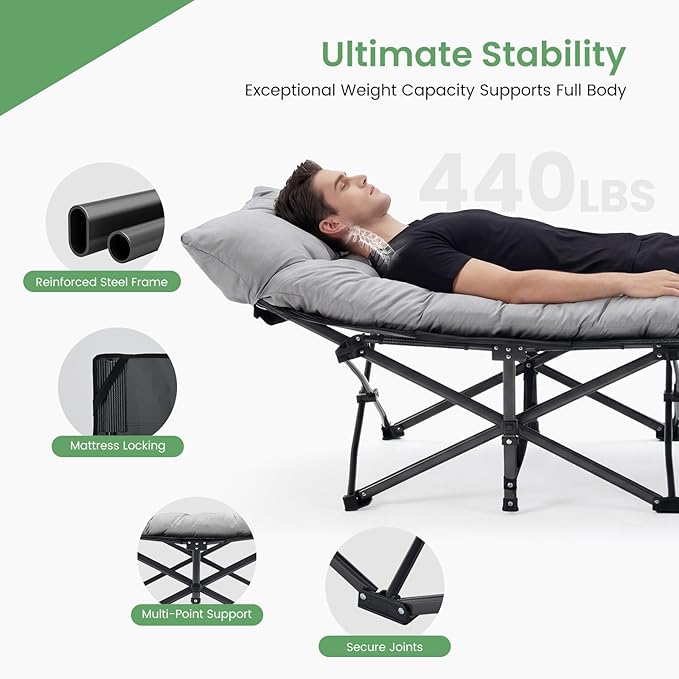 OLIXIS Folding Camping Cot, Rollaway Bed, Portable Camping Bed for Indoor & Outdoor, Sleeping Cot for Adults, 3.5'' Cushion, 440 lbs Sturdy Frame, Quick Setup, Compact Carry & Storage, Grey