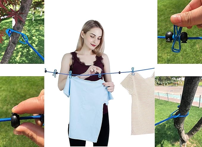2 Pack Portable Clothesline with 12 Clothespins, Windproof Travel Stretchy Retractable Elastic Laundry Clothes Line for Backyard, Vacation Hotel, Balcony Drying