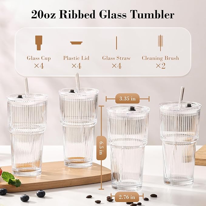 GOSCHE 20oz Glass Tumblers with Straws and Lids, Ribbed Iced Coffee Cups Leak-proof, Dishwasher Safe, Thickened Glass Cups with Lids Ideal for Coffee and Travel, Clear, 4 Pack