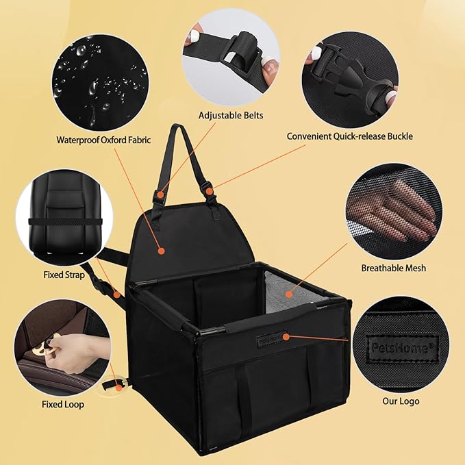 Dog Car Seat Foldable Dog Car Booster Seat Waterproof Breathable Oxford Travel Bag for Small to Medium Dogs, Puppies, and Pets-Pure Black-Upgrade