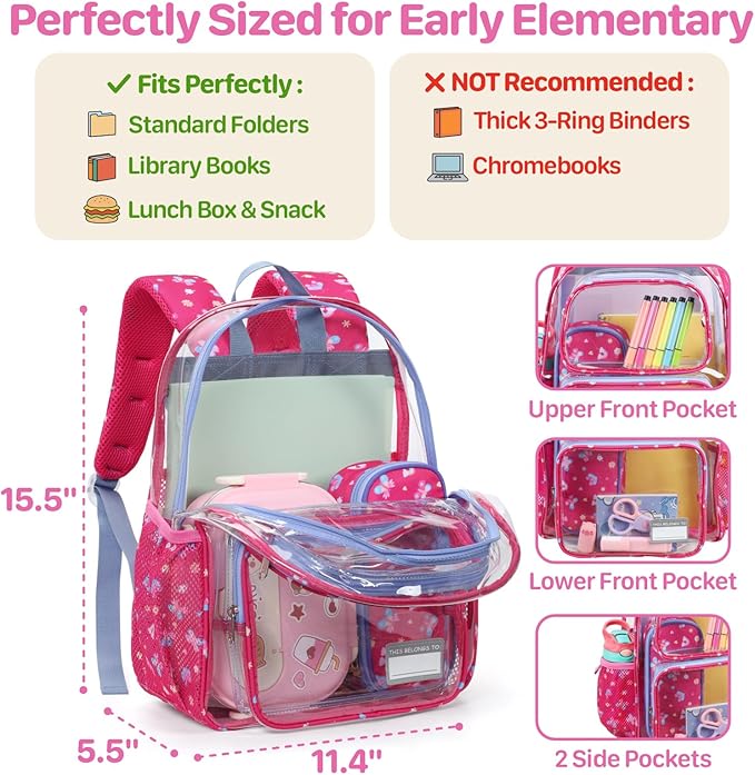 Bagseri Clear Backpack for Girls - 15 Inch Heavy Duty Kids Clear Bookbag for Kindergarten to Grade 2, Transparent School Bag with Reflective Strip, Fits Folders, Rose Pink Butterfly