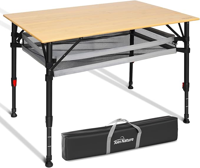 Join Nature 39.4'' Large Bamboo Camping Table, Adjustable Height Folding Outdoor Table with Aluminum Frame, Portable Camp Table with Carry Bag for Camping, RV, Picnic & Tailgating