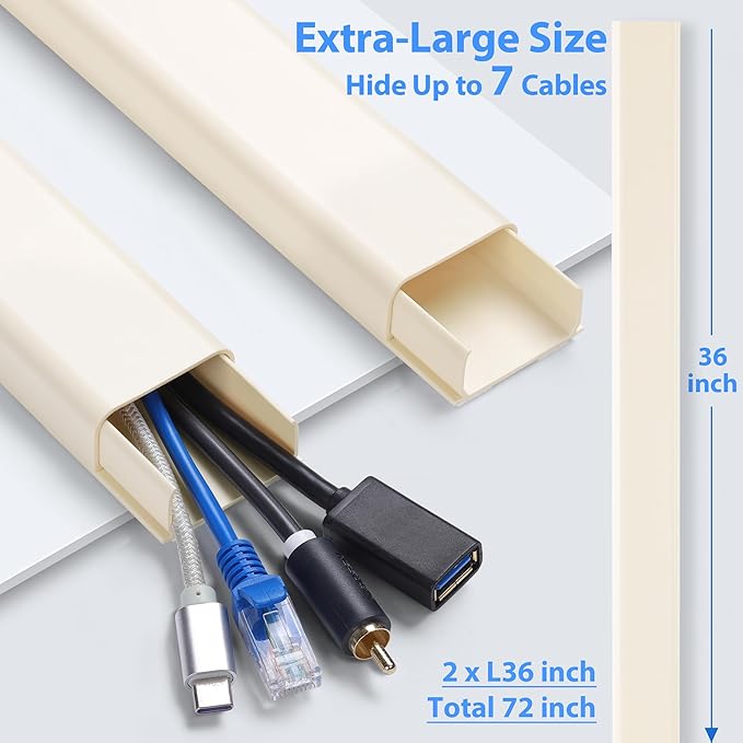 Cord Hider Wall for 4-7 Wires, Cable Management Kit, X-Large 72in Cord Organizer Wall, TV Cable Hider Wire Hider for Wall Hide Cords Wall Mounted TV, Cable Raceway Beige, W1.5in H0.8in