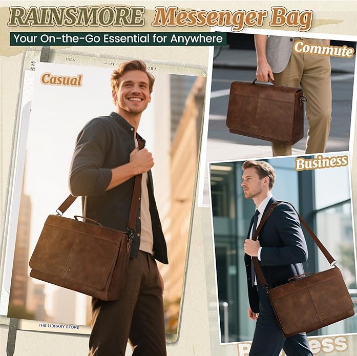 RAINSMORE Vintage Flap Messenger Bag for Men PU Leather Laptop Bag 15.6 Inch Mens Briefcase Waterproof Satchel Computer Bag