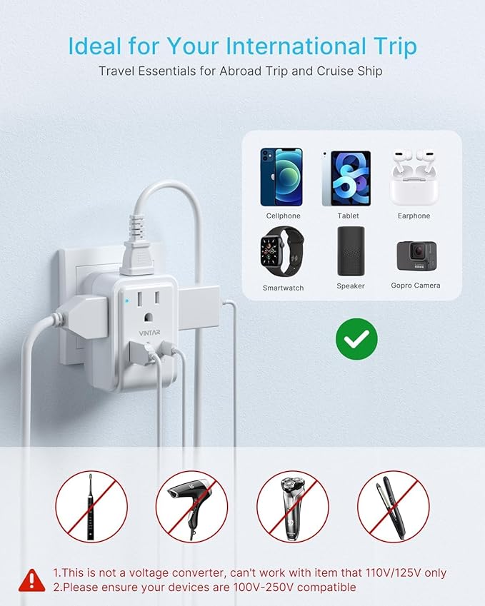 2 Pack Type E F Travel Plug Adapter, VINTAR Germany France Plug Adapter with 4 Outlets 3 USB Ports(2USB C), South Korea Outlet Adapter, Schuko Power Adaptor for US to Europe Spain Greece Iceland Korea