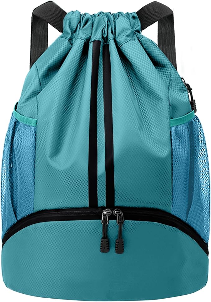 JELUTAR Drawstring Backpack Gym Bag with Shoes Compartment for Soccer, Basketball, Swim, Water-Resistant String Backpack Beach Cinch for Women Men, Teal
