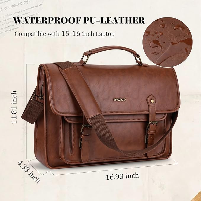 MOSISO 3 in 1 Laptop Bag, 15.6 inch PU Leather Shoulder Bag Briefcase Messenger Satchel Laptop Backpack, 15-16 inch Computer Bags Handbag Bookbag, Brown