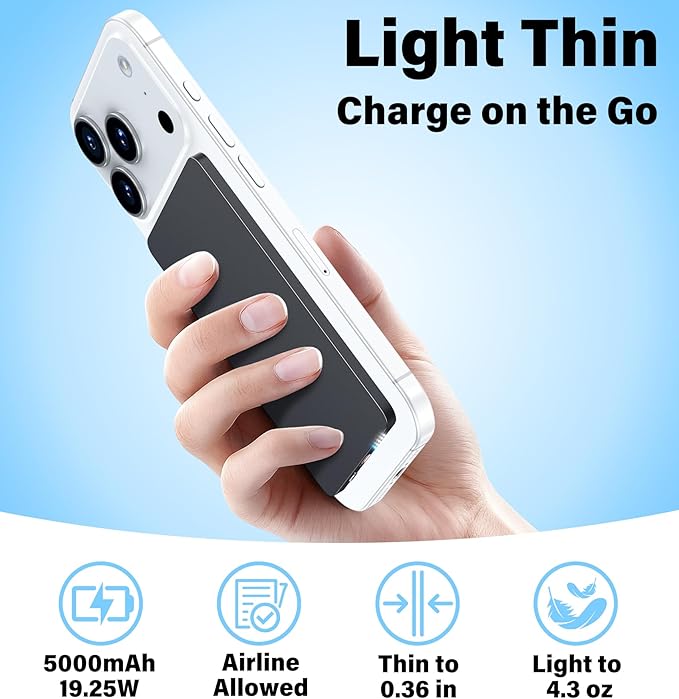 3-in-1 5000mAh for Magsafe Power Bank Thin Slim 22.5W Fast Charging Type C Magnetic Battery Pack Powerbank for Travel, Mini Wireless Portable Charger for iPhone 17 16 15 14 13 12 Watch Android, Black