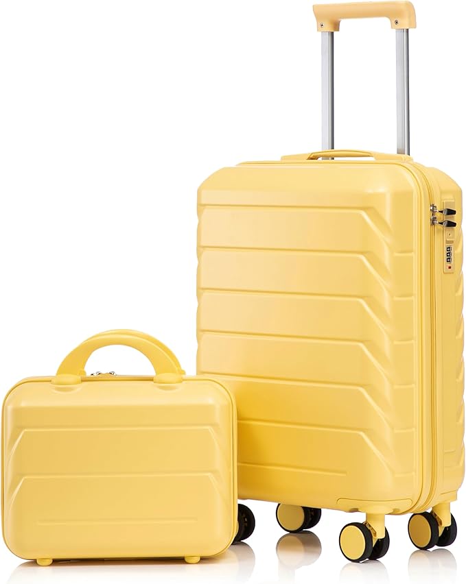 20 Inch Carry on Luggage with 14 Inch Cosmetic Case, 2 Pcs Hardshell Lightweight Durable Spinner Suitcase Set for Travel, Women, Men, TSA Lock, ABS, 20+14 Inch (Yellow)