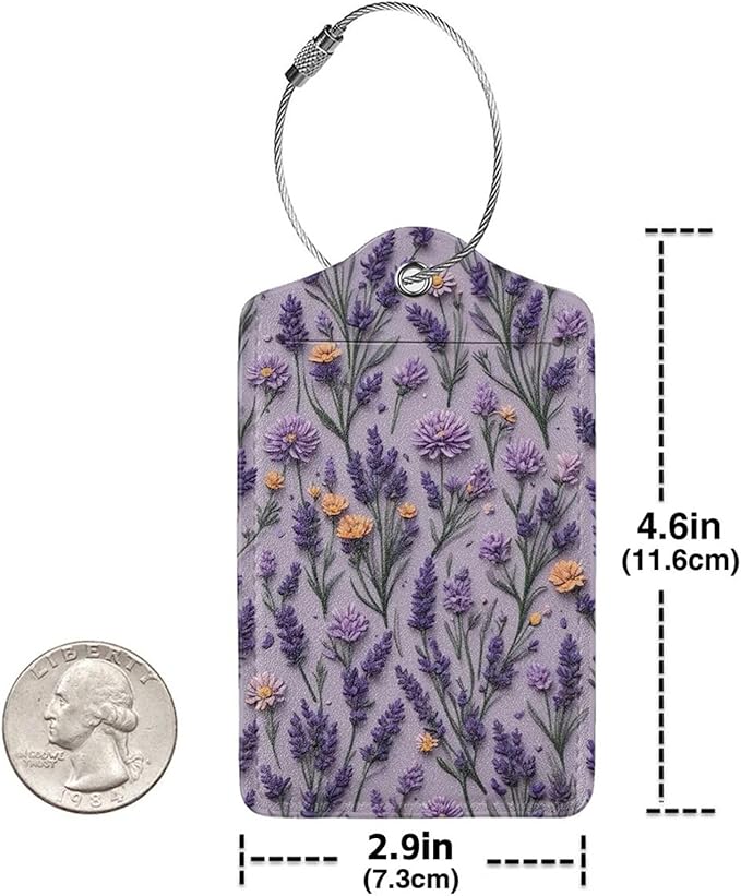 2 Pack Luggage Tags for Suitcases, PU Leather Bag Tag with Privacy Cover Address Card Travel Essentials-Purple Lavender Flower