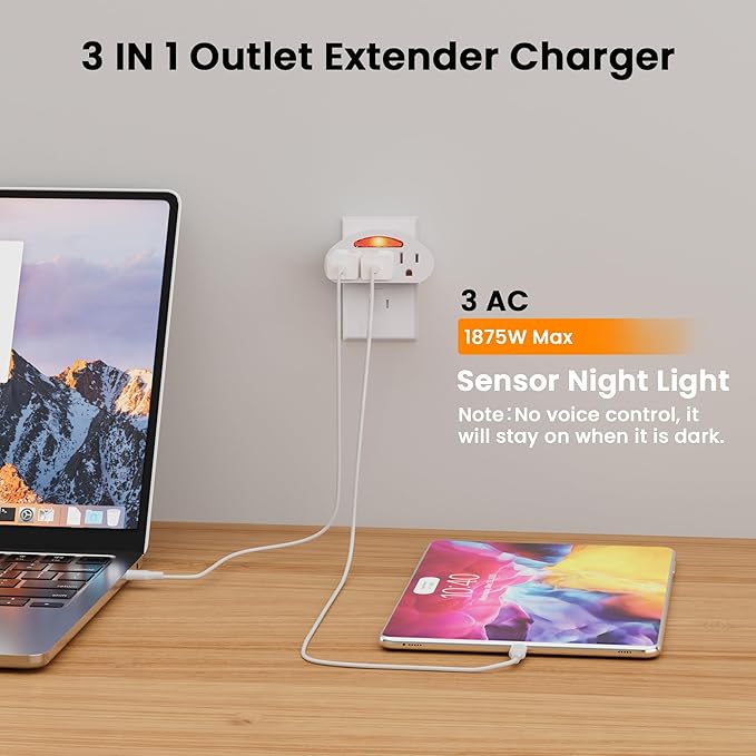 3-Outlet Extender 2 Pack, 3-Prong Grounded Wall Tap Adapter with LED Guide Light, 1875W ETL Listed Multiple Plug Electrical Outlets Splitter for Home, Office, Hotel, Travel, Cruise Essentials, White