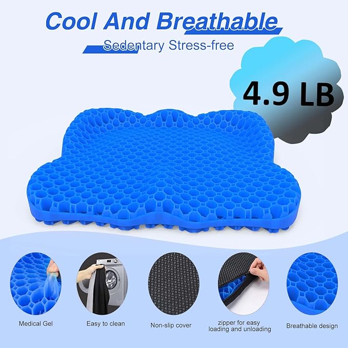 Thicken 19.7in Seat Cushion, Gel Seat Cushion for Long Sitting–Office Chair, Wheelchair, Car Cushion, Large Cooling Pad for Back Pain, Sciatica, Tailbone Pain Relief