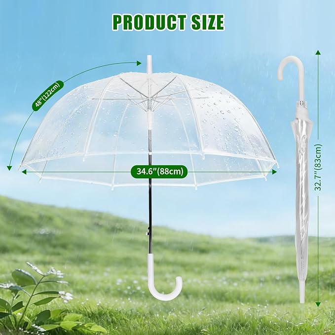 Clear Bubble Umbrellas for Wedding 8 Pack, 48 Inch Windproof Transparent POE Dome Umbrella with Auto Open J-Handle, Large Clear Umbrellas for Wedding Rain Golf Outdoor Photography Bridal Events