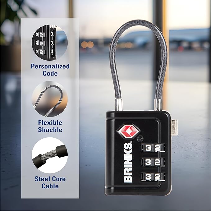 Brinks TSA Accepted Indicator Luggage Lock, Black - Resettable 3-Dial Combination, 1.5 inch Long Cable Shackle, New More Secure TSA008 Key, 4 Pack
